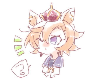 1girl animal_ears beer_hsk bow brown_hair crown heart horse_ears mini_crown notice_lines one_eye_closed purple_eyes school_uniform simple_background solo spoken_heart t.m._opera_o_(umamusume) tracen_school_uniform umamusume white_background white_bow