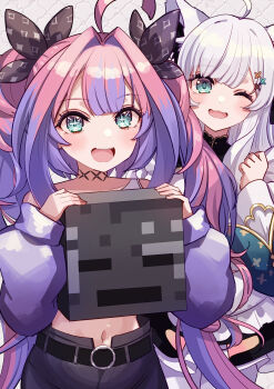 2girls absurdres ahoge animal_ears aqua_eyes belt black_belt black_ribbon blush collarbone fox_ears fox_girl hair_intakes hair_ribbon highres holding holding_skull hololive hololive_dev_is kikirara_vivi long_hair looking_at_viewer midriff minecraft multicolored_hair multiple_girls nanado_shion navel one_eye_closed open_mouth pink_hair purple_hair ribbon shirakami_fubuki shirakami_fubuki_(waitress) skeleton_(minecraft) skull smile thighs twintails two-tone_hair virtual_youtuber white_hair wither_skull