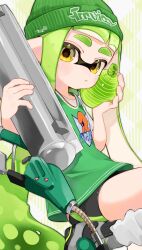 Rule 34 | 1girl, absurdly long hair, argyle, argyle background, beanie, bike shorts, black shorts, blunt bangs, blush stickers, burst bomb (splatoon), closed mouth, commentary, e-liter 3k (splatoon), green background, green hair, green hat, grey footwear, hat, highres, holding, holding weapon, inkling, inkling girl, inkling player character, jersey, long hair, looking at viewer, multicolored footwear, nintendo, pointy ears, sahata saba, shirt, shoes, short sleeves, shorts, sneakers, socks, solo, splatoon (series), squatting, tentacle hair, thick eyebrows, twintails, two-tone background, very long hair, weapon, white background, white shirt, white socks, yellow eyes