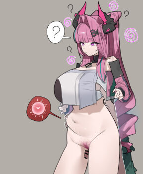 1boy 1girl ? absurdres aftersex age_difference arknights arknights:_endfield bar_censor bare_shoulders breasts censored commentary detached_sleeves dragon_girl dragon_horns dragon_tail english_commentary female_pubic_hair fertilization grabbing_another's_breast grabbing_from_behind groping hair_ornament hairclip hand_on_another's_stomach highres horns hypnosis impregnation large_breasts midriff mind_control netorare ovum pants penis pink_eyes pubic_hair shota shotadom spoken_question_mark tail user_nvcm4885 white_pants yvonne_(arknights)