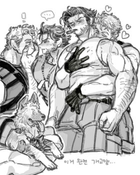 ! ... 2boys animalization arm_hair bara beard belt blush cat cigar closed_eyes covering_another's_mouth deadpool dishing dog dog_tags facial_hair gloves hand_on_another's_face heart highres hug large_pectorals looking_at_another male_focus marvel monochrome mouth_hold multiple_boys muscular muscular_male pants pectoral_grab pectorals short_hair sparkle spoken_ellipsis sweatdrop tank_top veins veiny_arms wolverine_(x-men) x-men x-men_film_series x-men_origins:_wolverine yaoi