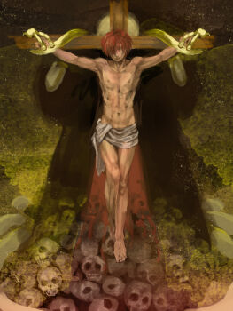 1boy abs akabane_karma ansatsu_kyoushitsu barefoot black_robe christianity cross crucifixion koro-sensei loincloth male_focus navel red_hair rinoko robe short_hair sketch skull solo_focus topless_male