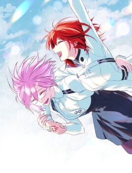 2girls arm_around_shoulder arm_around_waist arm_up black_skirt breasts chaldea_logo closed_eyes command_spell commentary_request easel_(dam0628) facing_ahead facing_up fate/grand_order fate_(series) floating_hair fujimaru_ritsuka_(female) fujimaru_ritsuka_(female)_(decisive_battle_chaldea_uniform) happy high_collar highres korean_commentary long_sleeves mash_kyrielight mash_kyrielight_(chaldea_uniform) medium_breasts medium_hair multiple_girls necktie open_mouth orange_hair pink_hair short_hair skirt smile striped_clothes teeth underlighting upper_body upper_teeth_only white_necktie wing_collar