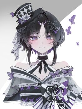 Rule 34 | 1girl, bare shoulders, black choker, black hair, black hat, black ribbon, breasts, bug, butterfly, choker, cleavage, commentary request, grey background, hat, highres, housho margo, insect, irohaanzu, japanese clothes, lolita fashion, looking at viewer, mahou shoujo no majo saiban, mini hat, mini top hat, purple butterfly, purple eyes, ribbon, short hair, smile, solo, top hat, upper body, wa lolita