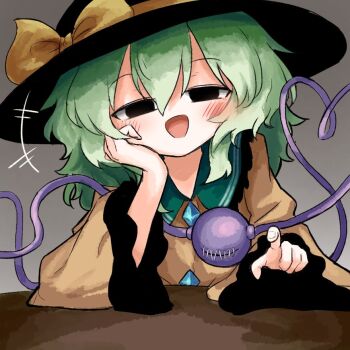 1girl black_eyes black_hat blush bow buttons diamond_button elbow_rest eyeball frilled_shirt_collar frilled_sleeves frills green_hair hand_on_own_cheek hand_on_own_face hat hat_bow hat_ribbon head_rest heart heart_of_string heripantomorrow komeiji_koishi pointing pointing_at_viewer ribbon shirt smile smug stitched_eye table third_eye touhou wide_sleeves yellow_bow yellow_ribbon yellow_shirt