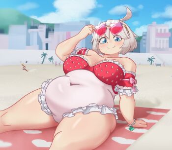 2girls ahoge armband beach beach_towel belly big_belly blue_eyes blush bracelet breasts charm_(object) clover covered_navel elphelt_valentine fat fat_woman food_print four-leaf_clover frilled_armband frilled_one-piece_swimsuit frills fruit_print guilty_gear heart heart-shaped_eyewear highres jewelry large_breasts leaning_back multiple_girls one-piece_swimsuit outdoors pearl_bracelet plump ramlethal_valentine red-tinted_eyewear red_one-piece_swimsuit scarlet_evergleam short_hair sitting sky smile strawberry_print sunglasses sunglasses_on_head swimsuit thick_thighs thighs tinted_eyewear towel white_hair white_one-piece_swimsuit