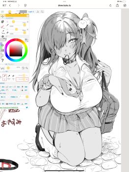 1girl animal_collar art_program_in_frame asymmetrical_hair bag bead_bracelet beads blush bow bracelet breasts cleavage collar collared_shirt commentary dark-skinned_female dark_skin full_body goddess_of_victory:_nikke greyscale grin gyaru hair_bow hair_ornament hair_over_one_eye hair_tie_in_mouth hayakuhashireyo highres holding_necktie jewelry kneeling large_breasts long_hair looking_at_viewer loose_socks magicaldraw magicaldraw_(medium) miniskirt mole mole_under_mouth monochrome mouth_hold naga_(nikke) nail_polish necktie pleated_skirt pom_pom_(clothes) pom_pom_hair_ornament school_bag school_uniform scrunchie shirt shirt_tucked_in shoes short_sleeves side_ponytail simple_background skirt smile socks solo striped_clothes striped_skirt sweat white_background wing_collar wrist_scrunchie