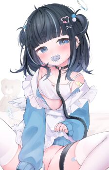 1girl apron bandages bare_shoulders bdsm bed_sheet black_hair blue_eyes blue_jacket blue_nails bottomless braid camisole clothes_lift collar covering_crotch covering_privates dot_nose ear_piercing eyelashes fingernails groin hair_bobbles hair_ornament halo heart heart_collar heart_hair_ornament highres jacket leaning_back leash legs light_blush loli looking_at_viewer medium_hair multicolored_hair multicolored_halo no_panties nocchi_(r_ws2l) original pacifier partially_undressed piercing puffy_sleeves pussy pussy_peek short_bangs short_twintails sidelocks slave sleeves_past_wrists solo spread_legs streaked_hair stuffed_animal stuffed_toy teddy_bear thighhighs thighs twintails two-tone_halo white_apron white_camisole x_hair_ornament