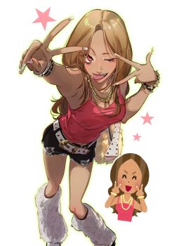 1girl :p animal_print belt black_shorts bracelet brown_hair chain chain_necklace eyes_visible_through_hair feet_out_of_frame fingernails from_above fur_bag fur_leg_warmers gyaru gyaru_makeup highres irasutoya irasutoya_challenge jewelry leg_warmers leopard_print long_fingernails long_hair makeup nail_art navel necklace one_eye_closed outer_glow pink_eyes pink_shirt shirt shishamo_(4731) shorts simple_background sleeveless sleeveless_shirt solo star_(symbol) star_bracelet star_necklace tan teeth tongue tongue_out torn_clothes torn_shorts upper_teeth_only v v_over_eye white_background white_belt