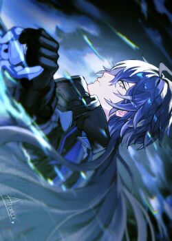 1boy ahoge aromuromu66 black_gloves black_jacket closed_mouth collared_jacket commentary_request empty_eyes eyelashes flins_(genshin_impact) frown genshin_impact gloves highres holding holding_lantern jacket lantern long_hair long_sleeves looking_back male_focus parted_hair profile signature sleeve_cuffs solo very_long_hair yellow_eyes