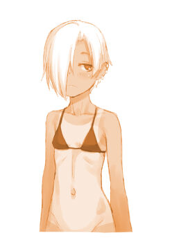 Rule 34 | 1girl, bikini, breasts, commentary request, ear piercing, frown, hair over one eye, idolmaster, idolmaster cinderella girls, monochrome, navel, one-piece tan, piercing, sakaki imasato, shirasaka koume, short hair, sketch, small breasts, solo, swimsuit, tan, tanline