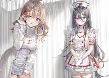 2girls black_hair breasts brown_hair cleavage closed_mouth coat curtains dress gloves hair_between_eyes hair_ornament indoors kimishima_ayano leaning_forward long_hair looking_at_viewer mariya_mikhailovna_kujou medium_hair momoko_(momopoco) multiple_girls novel_illustration nurse official_art open_clothes open_coat parted_lips second-party_source smile standing sweater thighhighs tokidoki_bosotto_roshia-go_de_dereru_tonari_no_alya-san turtleneck turtleneck_sweater very_long_hair white_coat white_dress white_gloves white_thighhighs zettai_ryouiki