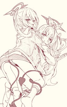 2girls :d all_fours alternate_costume blue_archive blush bow_hairband demon_tail dutch_angle fang girl_on_top greyscale hairband halo highres hikari_(blue_archive) hood hood_down hooded_jacket incest jacket kanikama_acedia knees_up long_hair long_sleeves looking_at_viewer looking_back loose_socks loungewear monochrome multiple_girls no_pants no_shoes nozomi_(blue_archive) open_clothes open_jacket open_mouth panties pantyshot pointy_ears profile pulling_another&#039;s_clothes siblings sideways_mouth simple_background sisters skin_fang sleeves_past_wrists smile socks tail tail_around_another&#039;s_leg tail_wrap thick_eyebrows triangle_mouth turning_head twincest twins twintails unbuttoned underwear v-shaped_eyebrows white_background yukadon yuri