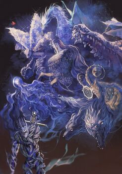 1boy 1other adel_(elden_ring) animal antennae armor bug cerberus disembodied_eye elden_ring elden_ring_nightreign extra_eyes faurtis_(elden_ring) fulghor_(elden_ring) full_armor giant giant_monster gladius_(elden_ring) gnoster_(elden_ring) goat_horns greatsword helmet heolstor_the_nightlord highres horizontal_pupils horns insect jellyfish libra_(elden_ring) maris_(elden_ring) monster moth moth_antennae multiple_heads scale_armor sigil sword very_big_eyes weapon yujia0412