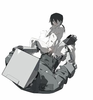 1boy 1girl black_hair blush breasts clothed_male_nude_female cum cum_in_pussy cum_overflow girthy_penis glasses grabbing_another&#039;s_thighs hair_over_one_eye hand_on_another&#039;s_stomach hand_on_own_face hetero highres humanoid_robot jacket looking_at_another medium_breasts monitor muscular muscular_male nipples nude original penis pipebomb_(cracker68659106) pussy robot robot_penis round_eyewear sex short_eyebrows simple_background size_difference thick_thighs thighs vaginal white_background