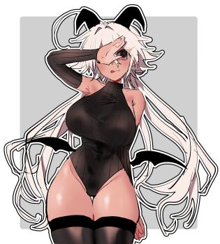 Rule 34 | 1girl, absurdres, black leotard, breasts, commentary, cowboy shot, curvy, demon girl, demon horns, demon wings, hand over eye, highres, horns, koyashaka, large breasts, leotard, long hair, low wings, messy hair, narrow waist, original, solo, symbol-only commentary, tongue, tongue out, very long hair, white hair, wings