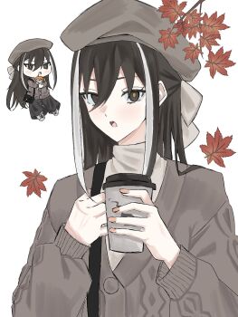1girl :o autumn_leaves black_eyes black_hair bow brown_cardigan brown_hat cardigan chibi cup fate/grand_order fate_(series) full_body grey_bow hair_bow hands_up hat highres holding holding_cup hugging_doll hugging_object kawakami_gensai_(fate) leaf long_sleeves looking_at_viewer multicolored_hair multiple_views open_mouth streaked_hair turtleneck upper_body watasiunko white_streaks yellow_pupils