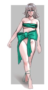 1girl blush bow functionally_nude grey_eyes grey_hair looking_at_viewer medium_hair nier nier_(series) ribbon solo sunbeam_(artist) yonah