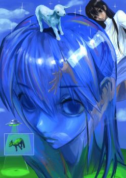 abduction baby_animal black_eyes black_hair blue_skirt blue_sky cloud green_light hair_between_eyes high_collar highres kneehighs lamb llchimera long_sleeves original see-through_body sheep shirt sidelocks skirt sky socks ufo white_shirt