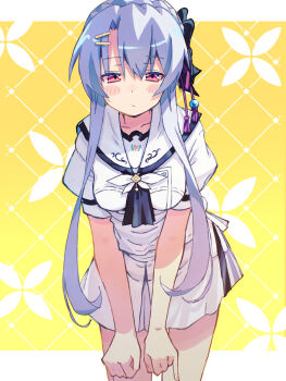 1girl :/ akayama_yukihe ascot black_ascot black_bow blue_hair blush_stickers bow braid breasts clenched_hands closed_mouth commentary_request cowboy_shot crown_braid frown hair_between_eyes hair_bow hair_ornament hairclip highres leaning_forward letterboxed long_hair looking_at_viewer medium_breasts miniskirt parallel_hairclips pinky_out puffy_short_sleeves puffy_sleeves red_eyes sailor_collar school_uniform serafuku shirt short_sleeves sidelocks simple_background skirt solo sorakado_ao straight-on summer_pockets summer_pockets_school_uniform v_arms very_long_hair white_sailor_collar white_serafuku white_shirt white_skirt yellow_background