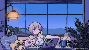 1girl banpen_(todoroki_hajime) book city_lights cityscape closed_mouth coaster collared_pajamas commentary commission computer computer_mouse copyright_name cup fucca highres hololive horizon indoors lamp laptop long_sleeves looking_at_screen mug night ocean pajamas plant purple_eyes purple_pajamas sitting slice_of_life solo_focus star-shaped_pillow steam sticker table todoroki_hajime two_side_up upper_body virtual_youtuber window window_blinds