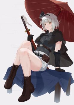 Rule 34 | 1girl, :o, absurdres, alternate costume, ankle boots, belt, belt pouch, black belt, black cape, black gloves, black hairband, boobplate, boots, breastplate, breasts, brown boots, cape, chain, commentary, english commentary, facial mark, gloves, green eyes, grey shirt, hairband, highres, holding, holding sword, holding weapon, impossible clothes, impossible shirt, katana, konpaku youmu, large breasts, legs up, looking at viewer, medium breasts, medium hair, mo zhu, oil-paper umbrella, open mouth, pouch, scabbard, sheath, shirt, short shorts, shorts, simple background, sitting, solo, sword, thick thighs, thighs, touhou, umbrella, vambraces, variant set, weapon, white background, white hair, white shorts
