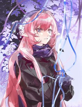 1girl alternate_costume black_coat blue_eyes chinese_commentary coat commentary_request elf elysia_(honkai_impact) gloves hat highres honkai_(series) honkai_impact_3rd long_hair parted_lips pink_hair pointy_ears purple_gloves purple_hat purple_scarf scarf solo very_long_hair winter winter_clothes winter_coat winter_gloves ye83360002