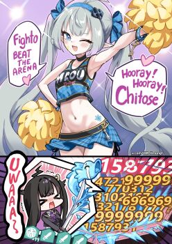 &gt;_&lt; 2girls 2koma alternate_costume alternate_hairstyle arm_up black_choker black_hair black_sailor_collar black_serafuku black_shirt blue_eyes blue_skirt blue_tank_top blush brooch cheering cheerleader chess_piece chibi chitose_(stella_sora) choker colored_inner_hair comic commentary crying_emoji damage_numbers emoji english_commentary english_text extra_pupils fang female_tyrant_(stella_sora) gameplay_mechanics grey_hair highres hm_(hmongt) holding holding_sword holding_weapon jewelry katana key meme midriff multicolored_hair multiple_girls navel neck_ribbon one_eye_closed one_side_up open_mouth pointy_ears pom_pom_(cheerleading) print_shirt purple_hair purple_ribbon ribbon sailor_collar school_uniform serafuku shirt skirt smile speech_bubble stella_sora stomach sweat sword tank_top twintails two-tone_hair tyrant_(stella_sora) uohhhhhhhhh!_(meme) wavy_mouth weapon