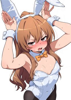 1girl absurdres aisaka_taiga alternate_costume animal_ear_hairband animal_ears arms_up black_pantyhose blush bow bowtie breasts brown_eyes brown_hair covered_groin covered_navel cowboy_shot detached_collar embarrassed fake_animal_ears fake_tail hair_between_eyes hairband highres leotard long_hair looking_at_viewer nishizuki_shino open_mouth orange_bow orange_bowtie pantyhose playboy_bunny rabbit_ear_hairband rabbit_ears rabbit_tail simple_background small_breasts solo strapless strapless_leotard sweat tail toradora! white_background white_hairband white_leotard white_wrist_cuffs wrist_cuffs