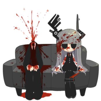 1boy 1girl black_boots black_necktie black_sclera black_suit black_vest blank_eyes blood blood_from_neck blood_on_clothes blood_on_face blood_splatter bloody_weapon boots chibi colored_sclera couch decapitation expressionless formal_clothes funamusea funamusea_(artist) guro headless holding holding_knife horns knife kurotsuno necktie no_pupils official_art shirt simple_background sitting striped_horns suit sullivan_(funamusea) sutare_yume vest weapon white_background white_shirt
