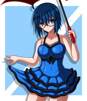 1girl absurdres ahoge bare_shoulders blue_dress blue_eyes blue_hair blush breasts ciel_(tsukihime) collarbone cosplay dress fate/extra fate_(series) glasses highres holding holding_umbrella large_breasts looking_at_viewer nero_claudius_(fate) nero_claudius_(fate/extra) nero_claudius_(fate/extra)_(cosplay) sakurello short_hair skirt tsukihime tsukihime_(remake) umbrella