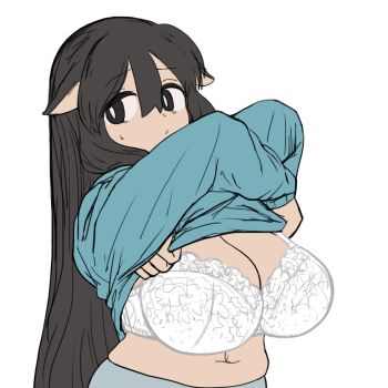 1girl :/ animal_ears belly black_eyes black_hair blue_sweater bra breasts bright_pupils cleavage closed_mouth clothes_lift commentary_request cow_ears cow_girl double-parted_bangs flat_color large_breasts lifting_own_clothes long_hair looking_to_the_side megu_(sengoku_wataame) original plump sengoku_wataame simple_background solo sweater sweater_lift underwear undressing upper_body white_background white_bra white_pupils