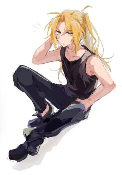 Rule 34 | 1boy, ahoge, bare arms, bare shoulders, black pants, black shoes, black tank top, blonde hair, closed mouth, collarbone, commentary request, edward elric, full body, fullmetal alchemist, hand in own hair, hand in pocket, long hair, looking at viewer, male focus, notice lines, pants, parted bangs, ponytail, shoes, simple background, sitting, solo, tank top, tyoookozuki, white background, yellow eyes