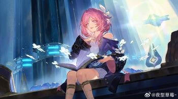 1girl bare_shoulders book cyrene_(aedes_elysiae)_(honkai:_star_rail) cyrene_(honkai:_star_rail) dress hair_ornament hand_up highres honkai:_star_rail honkai_(series) indoors long_sleeves looking_at_viewer medium_hair open_book open_mouth pink_hair short_hair sitting smile solo watermark weibo_watermark wide_sleeves ye_xing_caomei