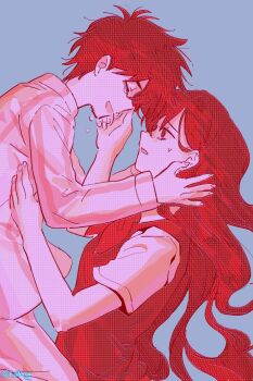 1boy 1girl antenna_hair artist_name beard_stubble bu3hgg closed_eyes collared_shirt crying facial_hair grey_background hero_(headspace)_(omori) hero_(omori) highres long_sleeves looking_at_another mari_(headspace)_(omori) mari_(omori) monochrome neckerchief omori open_mouth pajamas red_theme shirt short_hair short_sleeves simple_background stubble sweatdrop sweater_vest twitter_username