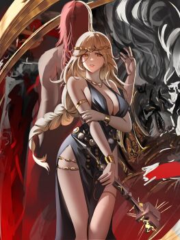 1girl 2boys absurdres armlet back-to-back black_dress blonde_hair bracelet braid breasts circlet cleavage commentary dress elden_ring english_commentary furry furry_male hammer height_difference highres holding holding_hammer holding_weapon jewelry long_hair maliketh_the_black_blade medium_breasts multiple_boys necklace notgustiarp pelvic_curtain queen_marika_the_eternal radagon_of_the_golden_order red_hair sleeveless sleeveless_dress very_long_hair weapon