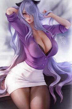 1girl arm_behind_head artist_name blouse blush bra breasts camilla_(fire_emblem) cleavage contemporary fire_emblem fire_emblem_fates hair_over_one_eye hand_in_own_hair lace lace-trimmed_bra lace_trim large_breasts long_hair looking_at_viewer miniskirt nail_polish nintendo office_lady olchas one_eye_covered pantyhose purple_eyes purple_hair shirt signature sitting skirt solo tiara underwear wavy_hair
