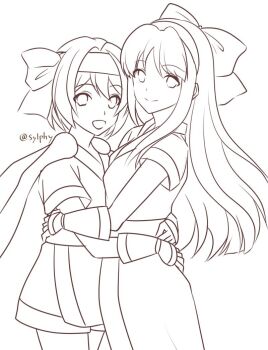 Rule 34 | 2girls, ainu clothes, arms around waist, artist name, breast press, breasts, fingerless gloves, from side, gloves, hair ribbon, legs, long hair, looking at viewer, monochrome, multiple girls, nakoruru, open mouth, ribbon, rimururu, samurai spirits, short hair, shorts, siblings, sisters, sketch, small breasts, smile, snk, thighs, tongue