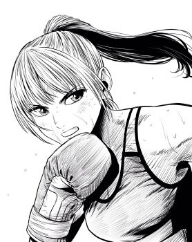 1girl boxing boxing_gloves breasts cleavage commentary_request flying_sweatdrops hatching high_ponytail highres large_breasts lee_(dragon_garou) monochrome mouth_guard original ponytail serious solo sports_bra sweat upper_body very_sweaty