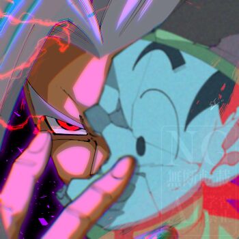 1boy black_background close-up commentary_request cracked_kawaii_mask dragon_ball dragon_ball_super dragon_ball_super_super_hero dragonball_z electricity gohan_beast grey_hair highres long_hair male_focus red_eyes solo son_gohan spiked_hair stktik09060906 watermark