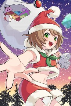 Rule 34 | 1boy, :d, absurdres, alternate costume, amakusa setoka, box, brown hair, budding expeditioner (pokemon), character doll, christmas, clefairy, commentary request, doll, gen 1 pokemon, gift, gift box, green eyes, happy, hat, highres, holding, holding sack, looking at viewer, male focus, midriff, navel, nintendo, open mouth, outdoors, outstretched hand, poke ball, poke ball (basic), pokemon, pokemon tcg, pokemon tcg pocket, red hat, red shorts, sack, santa costume, santa hat, short hair, shorts, sky, smile, solo, spread fingers, teeth, tongue