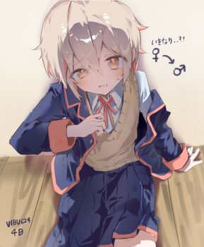 1boy aged_down artist_name black_jacket black_skirt brown_eyes commentary commentary_request crossdressing crossdressing_(mtf) grey_hair hair_between_eyes highres indoors jacket long_sleeves male_focus mars_symbol multicolored_hair neck_ribbon off_shoulder onii-chan_wa_oshimai! open_clothes open_jacket oyama_mahiro_(male) pink_hair pleated_skirt red_ribbon ribbon school_uniform shirt sitting skirt solo translated trap two-tone_hair uneven_eyes venus_symbol vest vibu_(vibu624) white_shirt wing_collar wooden_floor yotsuba_university_affiliated_junior_high_school_uniform