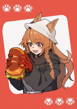 1girl animal_ears arknights black_jacket blush braid brown_eyes brown_hair ceobe_(arknights) ceobe_(unfettered)_(arknights) cheese commentary_request dog_ears dog_girl drooling ears_through_headwear food gloves hat highres holding holding_food holding_sandwich jacket lettuce long_hair long_sleeves looking_at_foot minamit open_mouth paw_print red_background red_gloves sandwich single_braid two-tone_background upper_body white_background white_hat