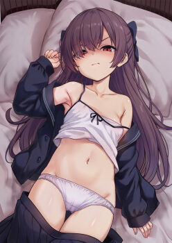 1girl bow breasts camisole clothes_pull commentary_request hair_bow highres long_hair lying milkshakework navel on_back open_clothes original paid_reward_available panties skirt skirt_pull small_breasts solo underwear