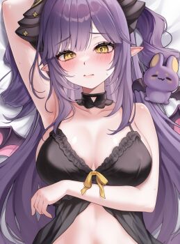 Rule 34 | 1girl, arm under breasts, arm up, armpits, babydoll, bare arms, bare shoulders, black babydoll, black choker, blush, breasts, choker, cleavage, closed mouth, dragon horns, dragon wings, hashtag-only commentary, highres, horns, kuca (ku ca18), large breasts, looking at viewer, lying, on back, pointy ears, purple hair, ribbon, sakihane huya, sidelocks, solo, spaghetti strap, stellive, sweatdrop, two side up, upper body, virtual youtuber, wings, yellow eyes, yellow ribbon