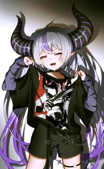 1girl absurdres ahoge black_shirt black_shoes chain commentary_request cowboy_shot demon_horns grey_hair grey_shirt half-closed_eyes highres hololive horns la+_darknesss long_hair multicolored_hair open_mouth pointy_ears print_shirt purple_hair sgmt_proxy shirt shirt_under_shirt shoes solo streaked_hair street_fighter street_fighter_6 studded_choker twintails very_long_hair virtual_youtuber yellow_eyes