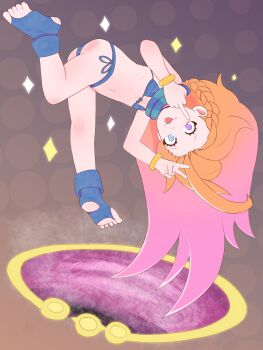 1girl absurdres akanbe ass bikini blue_bikini blue_eyes blue_socks bracelet braid brown_background closed_mouth eyelashes eyelid_pull female_focus flat_chest floating from_behind full_body gradient_background gradient_hair hands_up heterochromia highres huge_filesize jewelry kusogaki league_of_legends leg_up loli long_hair looking_at_viewer looking_back middle_finger multicolored_hair nyayoko orange_hair pink_eyes pink_hair portal_(object) purple_background ribs side-tie_bikini_bottom simple_background smile smug socks solo stirrup_legwear swimsuit toeless_legwear tongue tongue_out two-tone_background two-tone_hair upside-down v very_long_hair zoe_(league_of_legends)