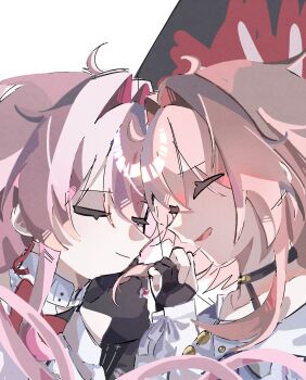 2girls abc_611 bare_shoulders black_gloves closed_eyes closed_mouth earrings evernight_(honkai:_star_rail) eyeshadow gloves hair_between_eyes hashtag-only_commentary highres honkai:_star_rail honkai_(series) jewelry long_hair makeup march_7th_(honkai:_star_rail) march_7th_(preservation)_(honkai:_star_rail) multiple_girls open_mouth pale_skin yuri