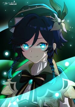 1boy absurdres androgynous aqua_eyes aqua_gem aqua_pupils artist_name ascot beret black_background black_bow black_bowtie black_corset black_hair blue_hair bow bowtie braid buttons cape closed_mouth commentary corset english_commentary fireflies flower frills gem genshin_impact glowing glowing_eyes gradient_hair green_cape green_hat hair_between_eyes hat hat_flower hat_ornament highres jewelry leaf_hat_ornament lkari_shi long_sleeves looking_at_viewer male_focus multicolored_hair pendant puffy_long_sleeves puffy_sleeves shirt short_hair simple_background smile solo striped_bow striped_bowtie striped_clothes twin_braids two-sided_cape two-sided_fabric upper_body venti_(genshin_impact) watermark white_ascot white_shirt yellow_cape yellow_flower