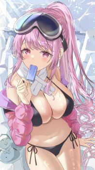 1girl bikini black_bikini blue_archive blush breasts cleavage commentary_request doodle_sensei_(blue_archive) eimi_(blue_archive) eimi_(swimsuit)_(blue_archive) food food_in_mouth goggles goggles_on_head hair_between_eyes high_ponytail highres holding holding_food holding_popsicle ice jacket large_breasts long_hair looking_at_viewer navel off_shoulder official_alternate_costume pink_eyes pink_hair pink_jacket ponytail popsicle popsicle_in_mouth puffy-trimmed_jacket roughllaugh scarf sensei_(blue_archive) sitting snowman solo swimsuit white_scarf